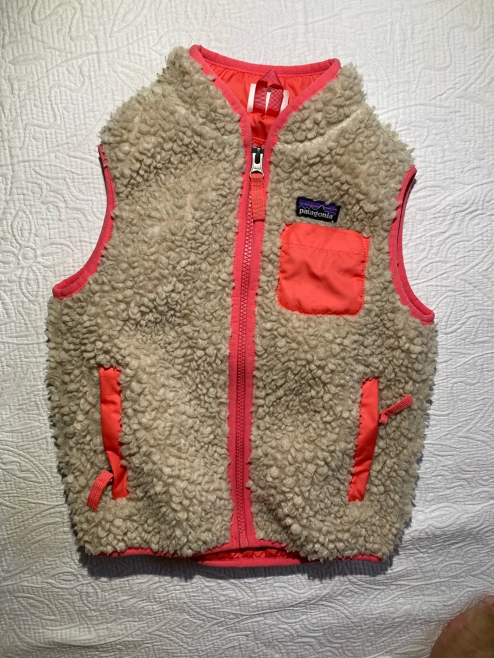Patagonia Cream Sherpa Vest with Coral Trim